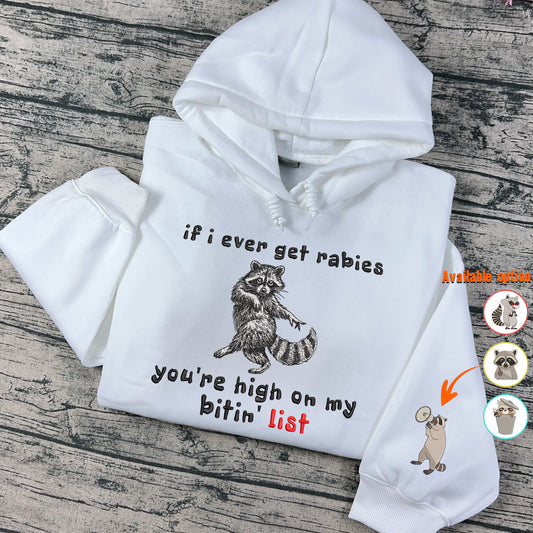 Rabies raccoon embroidered hoodie white funny meme sweatshirt