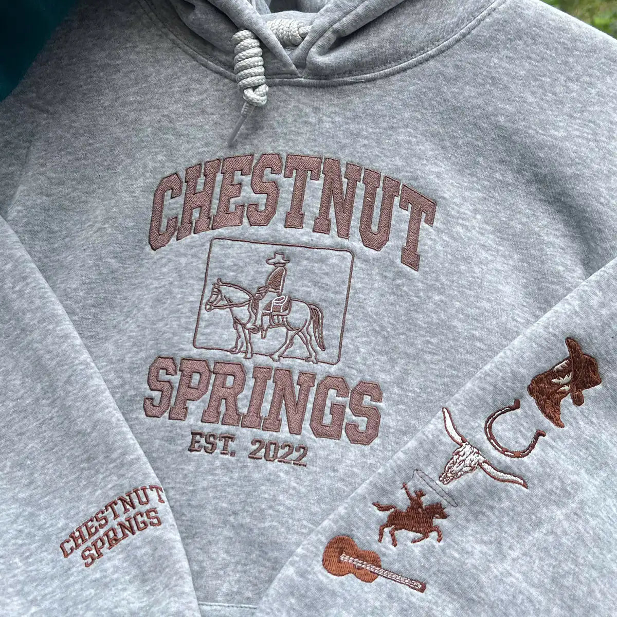 Gray hoodie with 'Chestnut Springs' text and graphics on a textured background