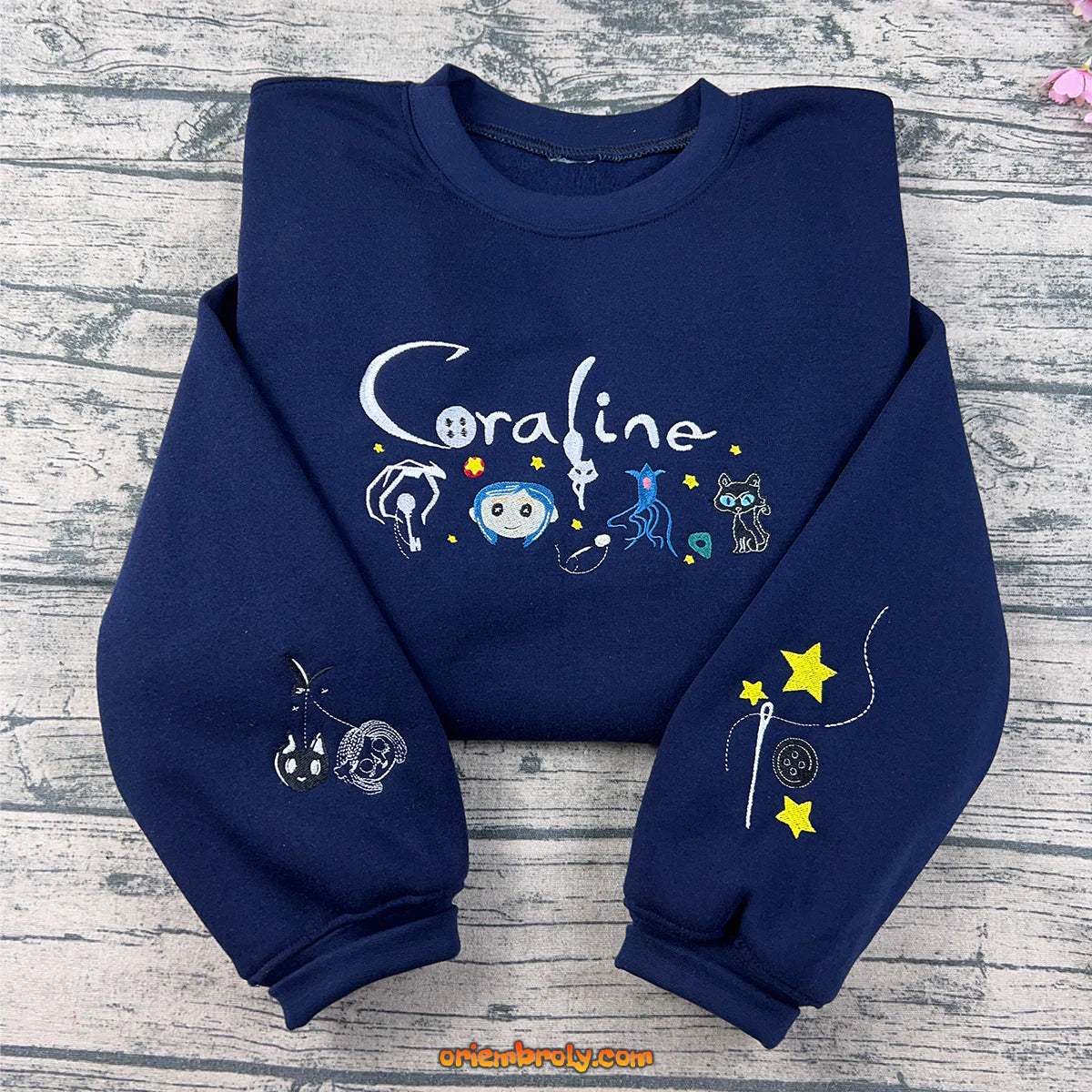Scary doll Halloween embroidered shirt with Coraline theme