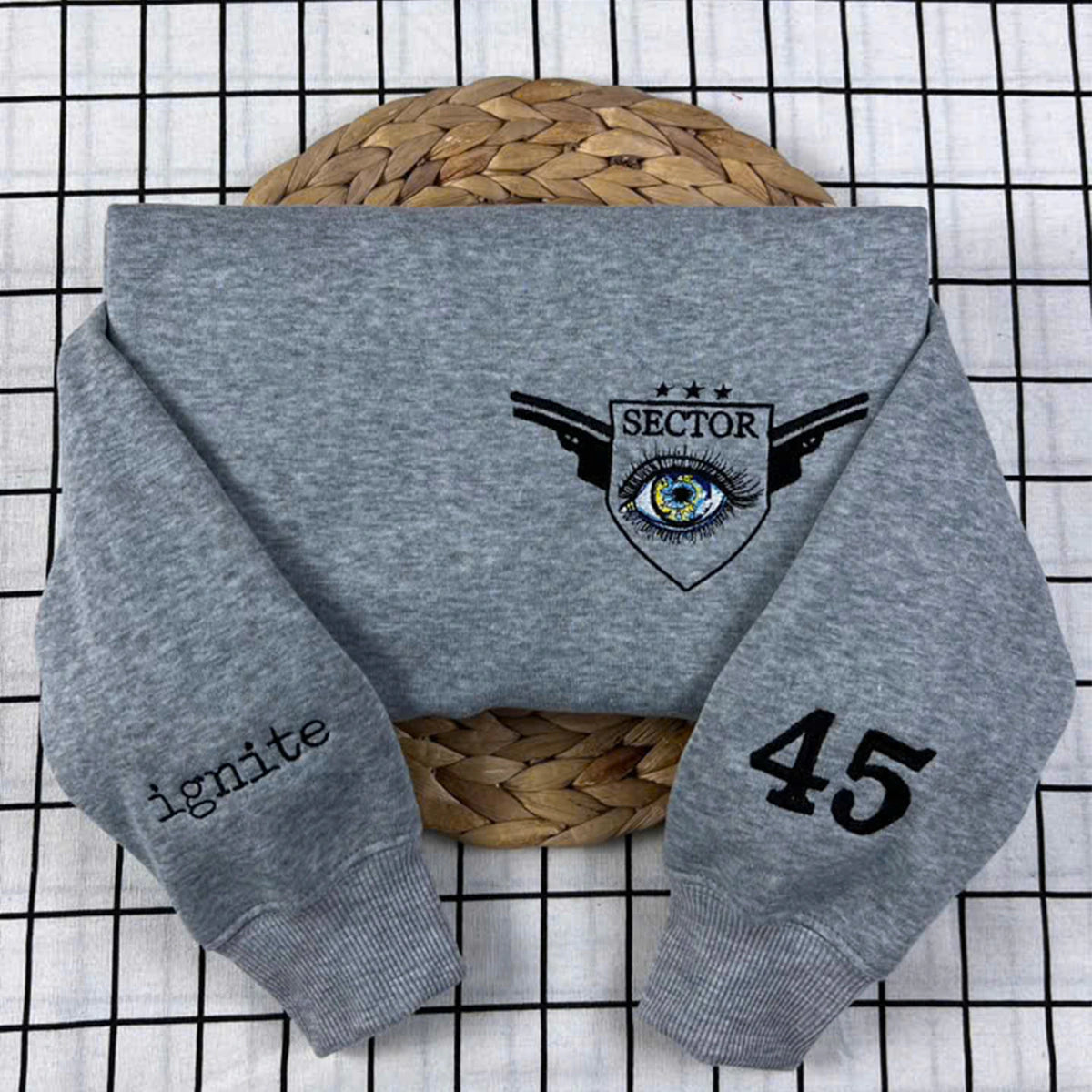 Shatter Me embroidered sweatshirt featuring Aaron Warner and Sector 45 CCR uniform design.