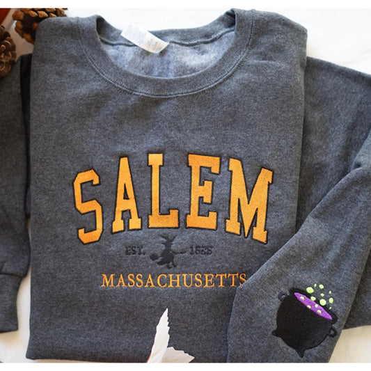Gray sweatshirt with 'Salem, Massachusetts' text on a white background