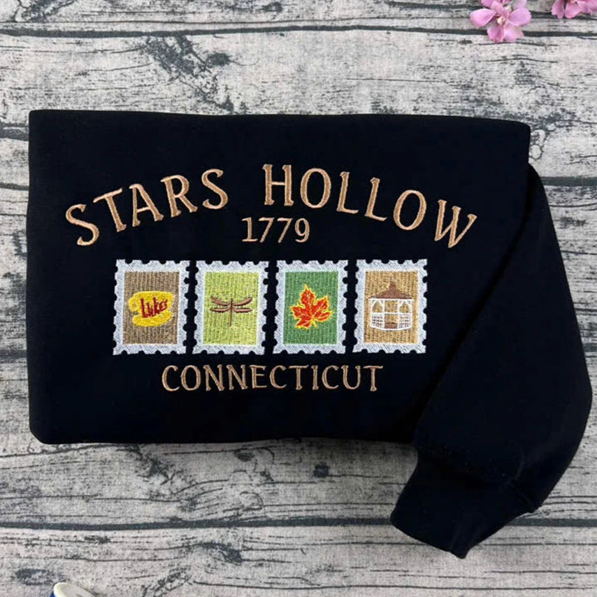 Stars Hollow embroidered sweatshirt with "Where You Lead I Will Follow" quote