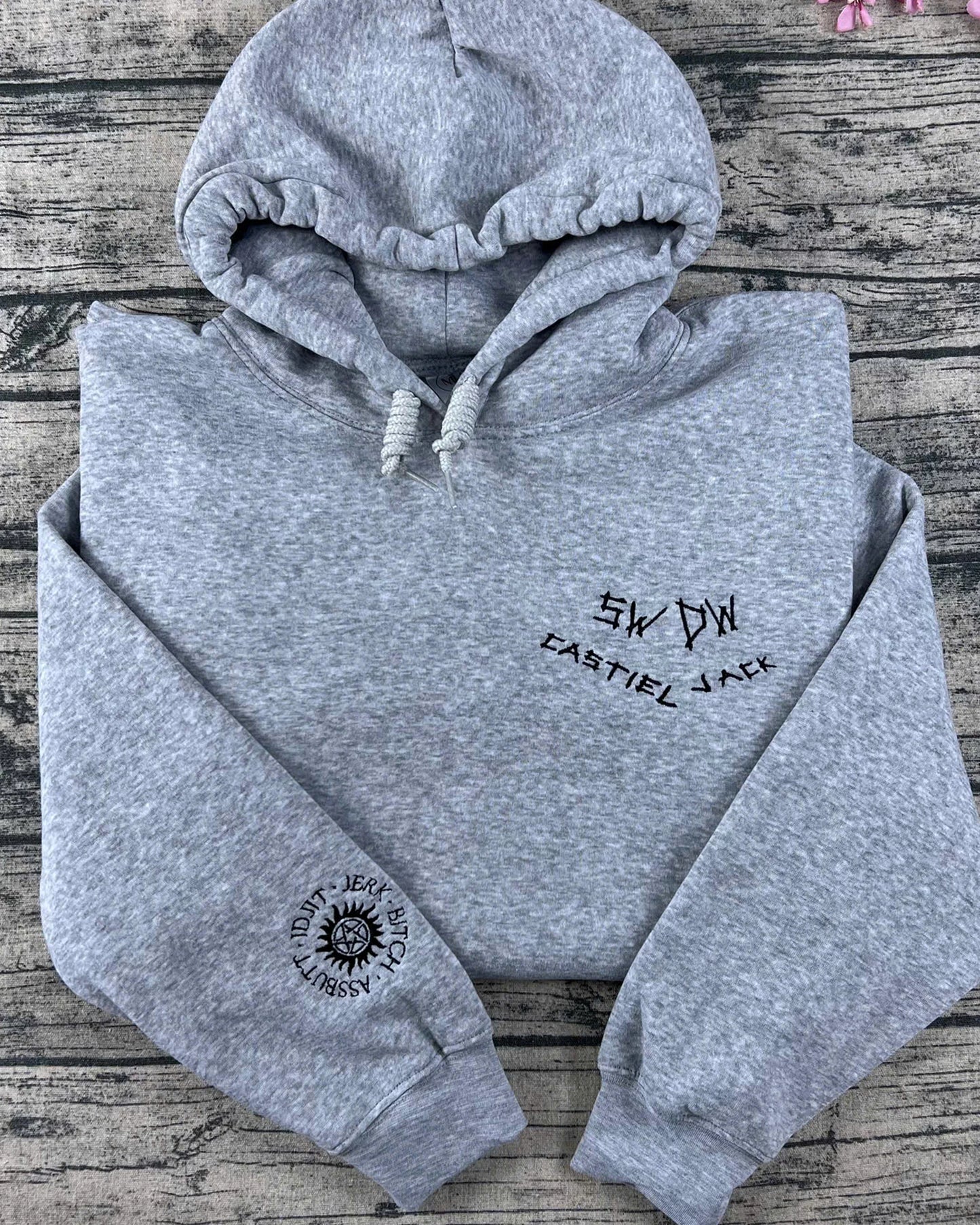 Supernatural embroidered sweatshirt featuring Dean, Sam, Castiel, Baby car, and anti-possession symbol. Perfect fangirl cosplay hoodie and cozy jumper for TV series fans