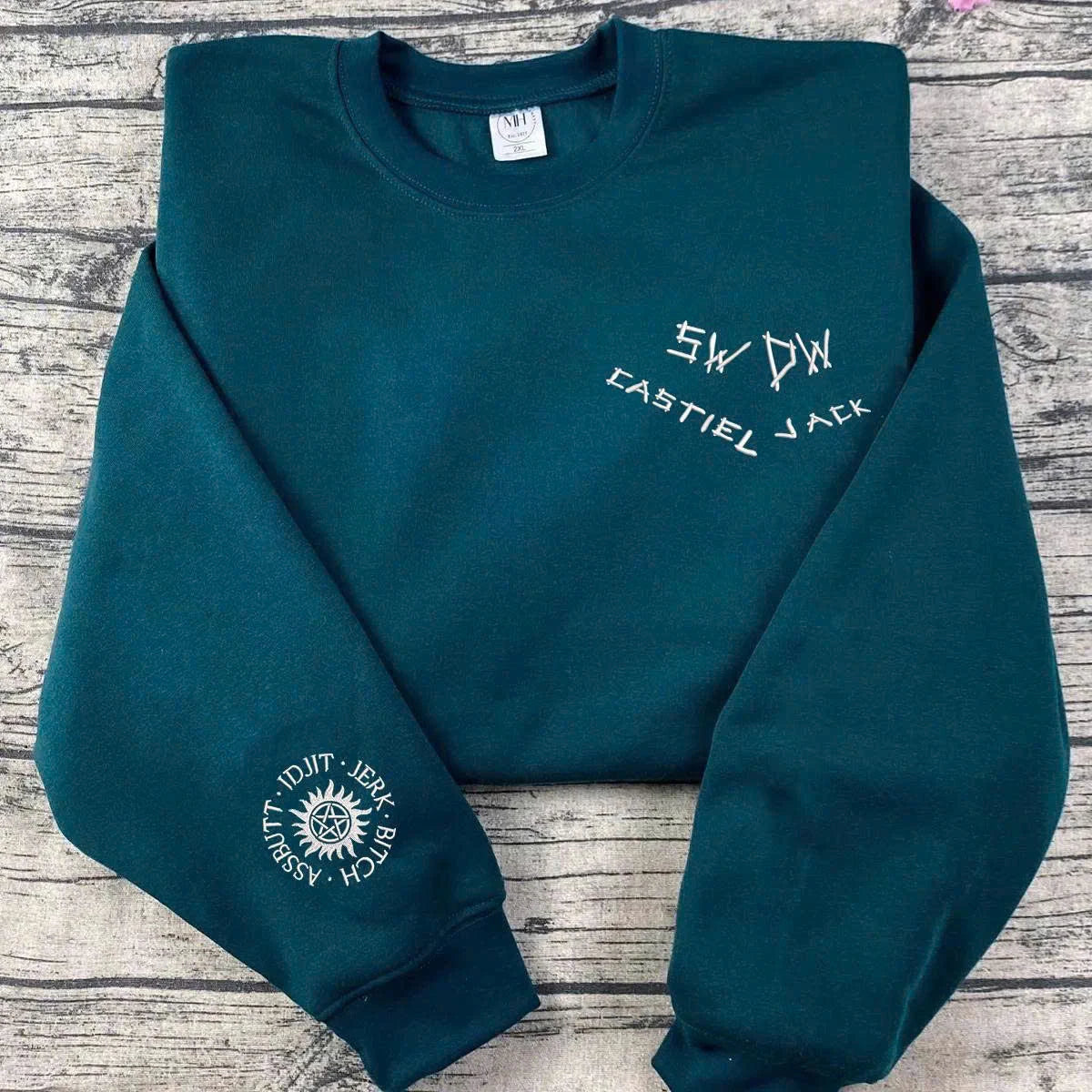 Unisex Supernatural hoodie featuring anti-possession sleeve embroidery