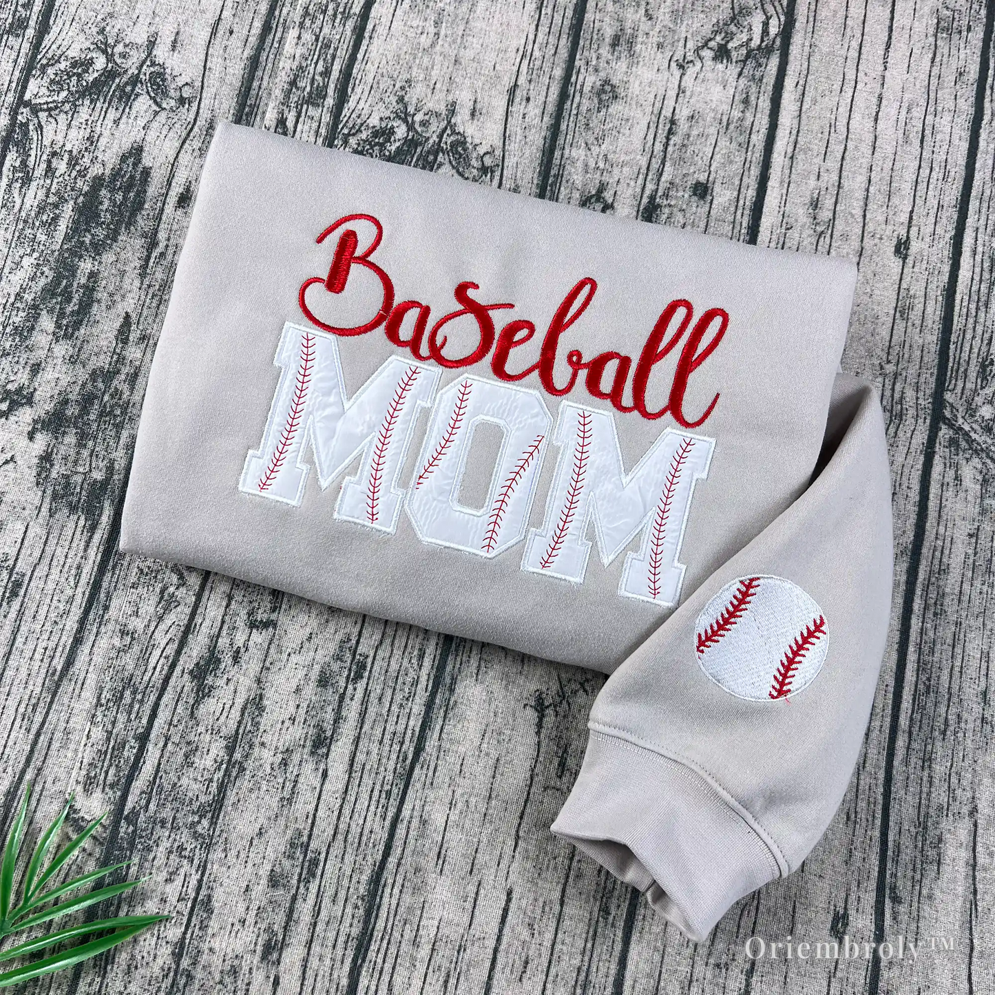 tan embroidered baseball mom sweatshirt flat lay