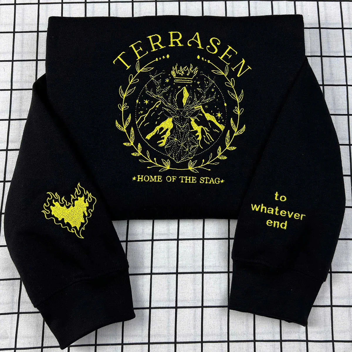 Terrasen Sweatshirt Embroidery featuring Fireheart and To Whatever End inspired by Throne of Glass.