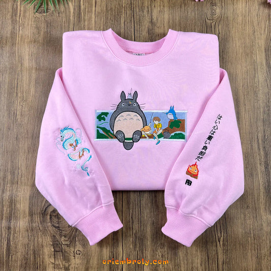 XU567 Oriembroly Totoro fishing embroidered crewneck sweatshirt
