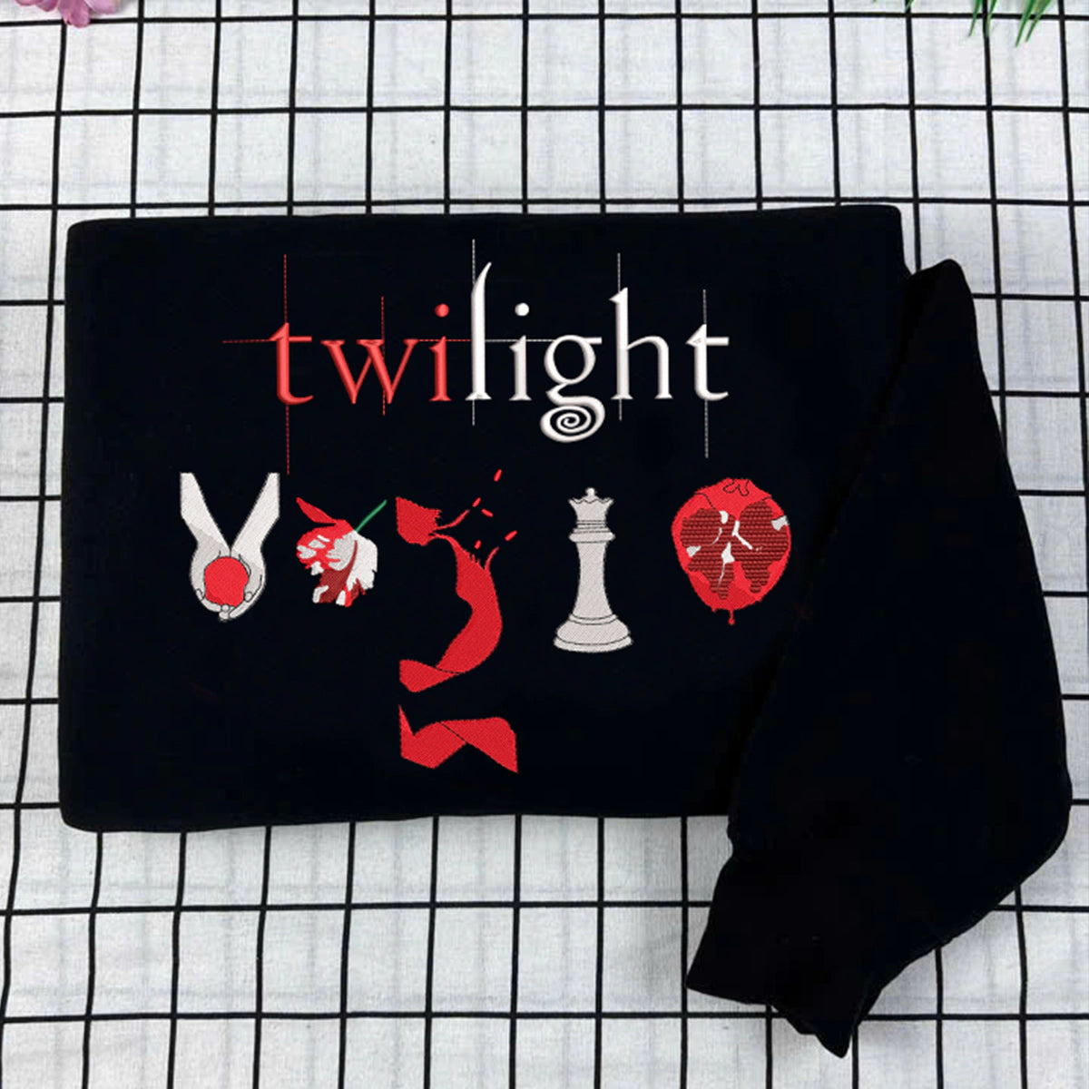 Twilight-inspired embroidered sweatshirt with book cover aesthetic design for fans of the Twilight book series