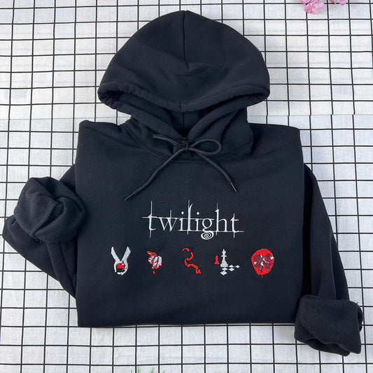 Twilight embroidered sweatshirt featuring Edward Cullen book cover design