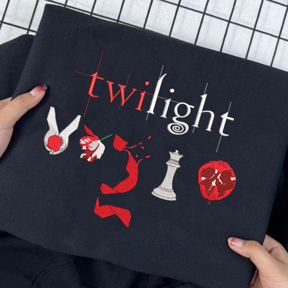 Literary embroidered crewneck featuring Twilight book merch design and soft cotton fabric