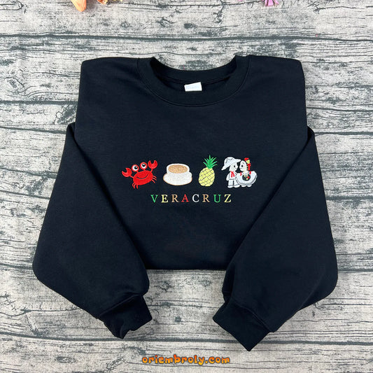 Veracruz Mexico embroidered black sweatshirt with crab and pineapple