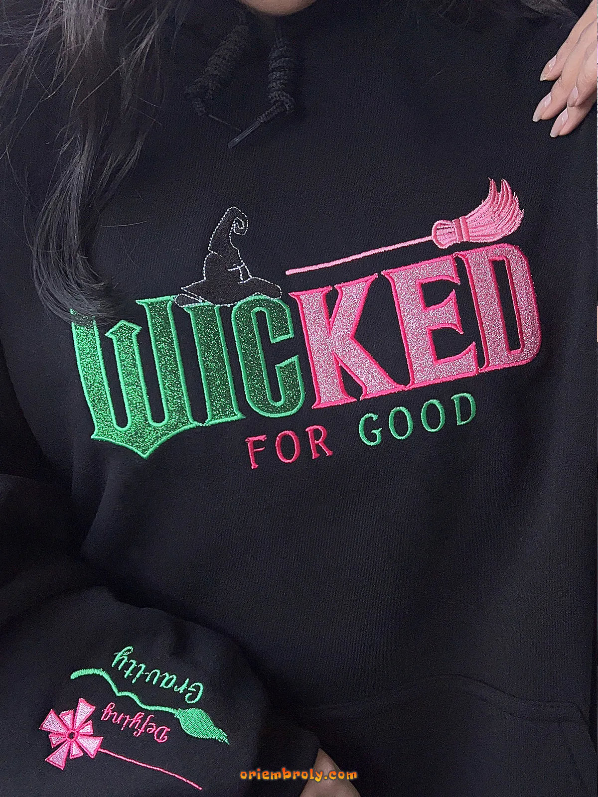 Wicked Broadway fan hoodie with sleeve embroidery