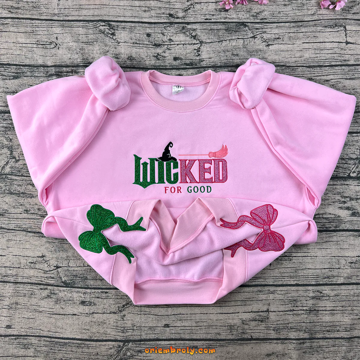 Wicked Side Bow applique sweatshirt inspired by Elphaba and Glinda
