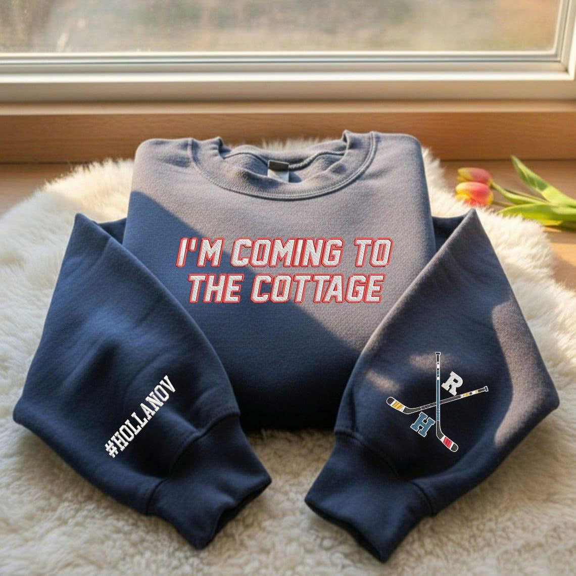 Embroidered Team Hollanov Hockey Romance Sweatshirt – “I’m Coming to the Cottage” LGBTQ+ Book Lover Crewneck