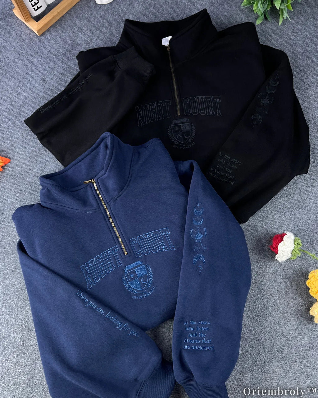 Tone-on-Tone Embroidered Quarter Zip Sweatshirt, Matching Crest & Moon Sleeve Detail, Fantasy Inspired Pullover