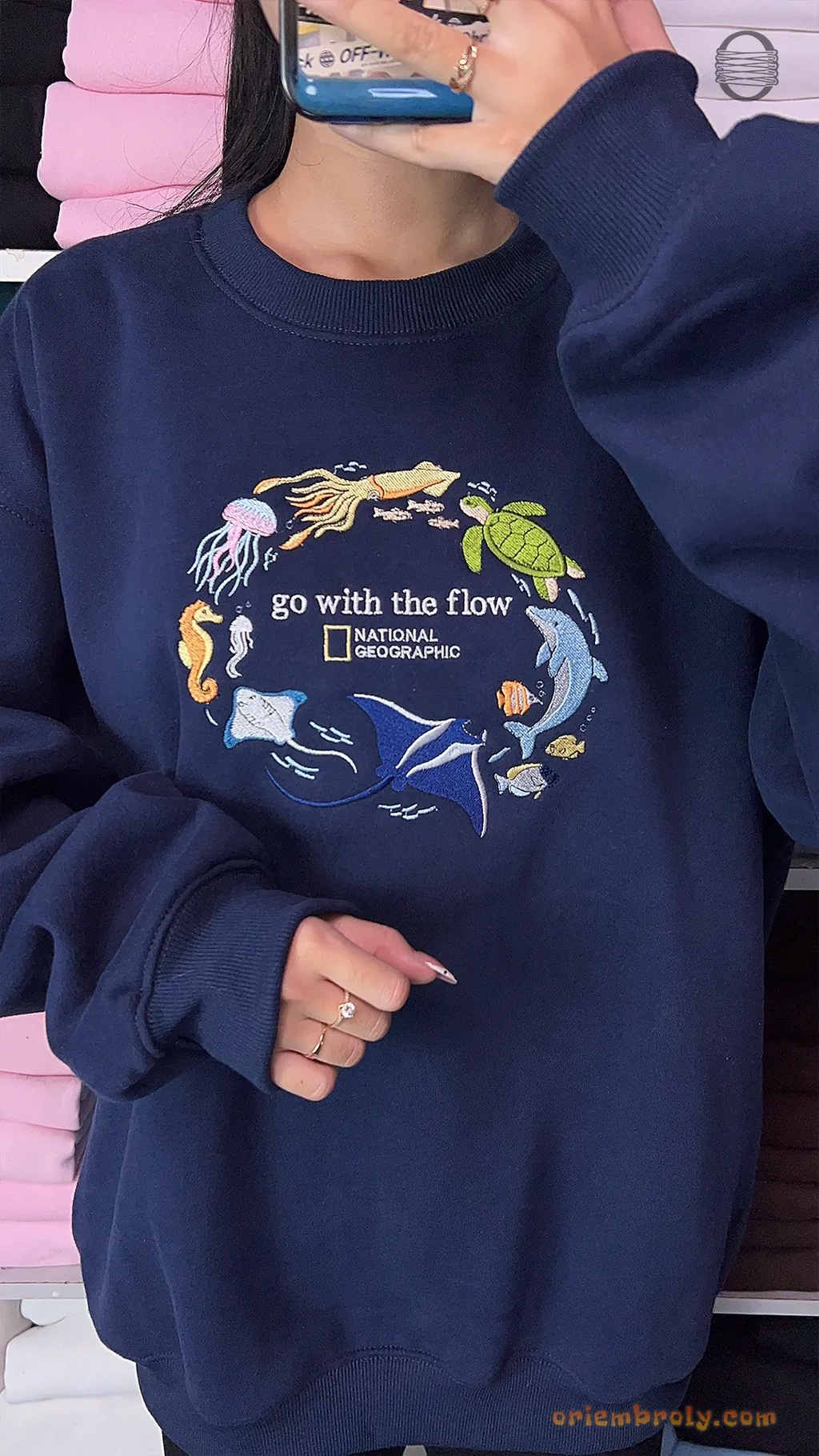 Go With The Flow Marine Life Sea Turtle Dolphin Embroidered Navy Sweatshirt