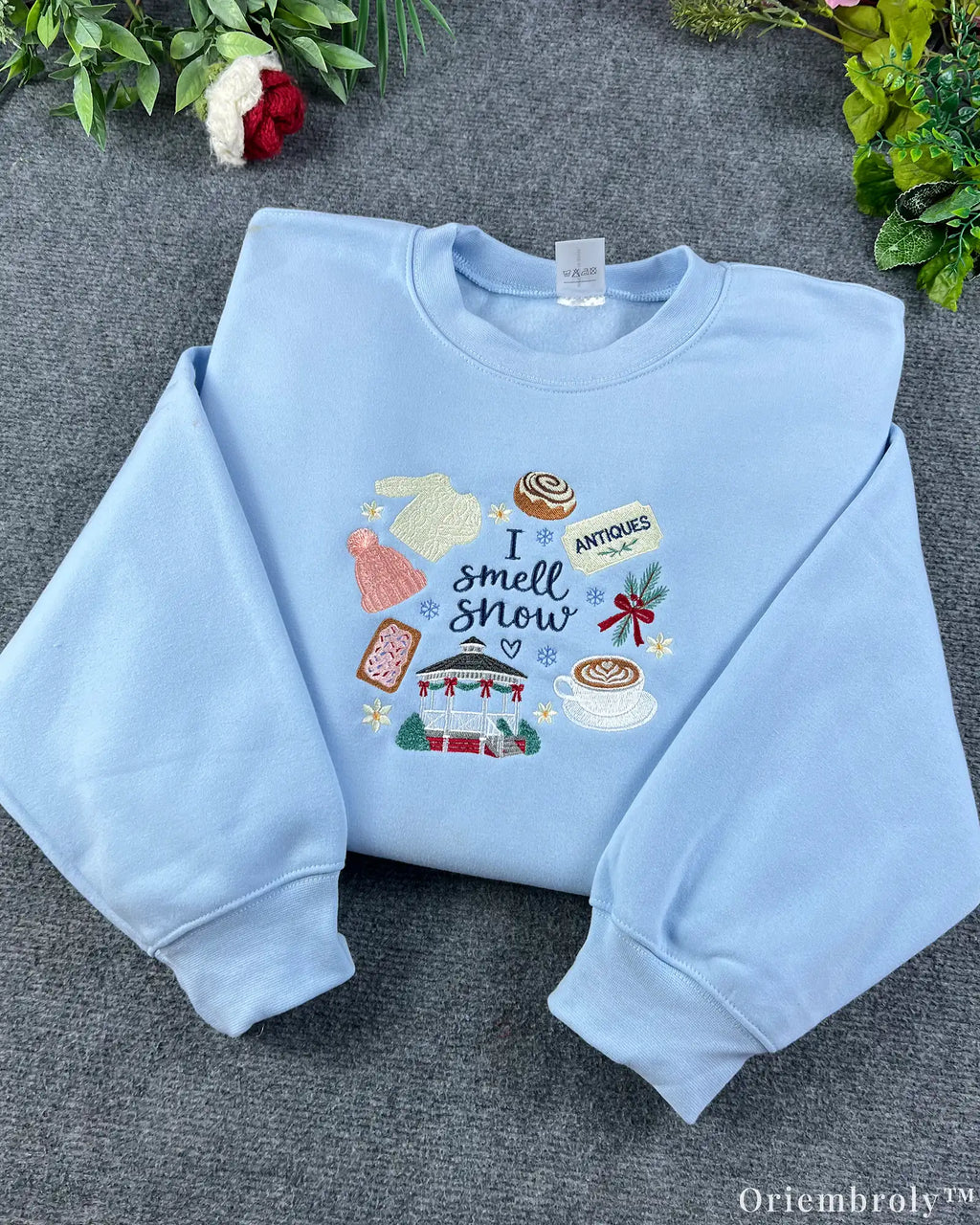 I Smell Snow Gazebo Coffee Antiques Embroidered Light Blue Sweatshirt