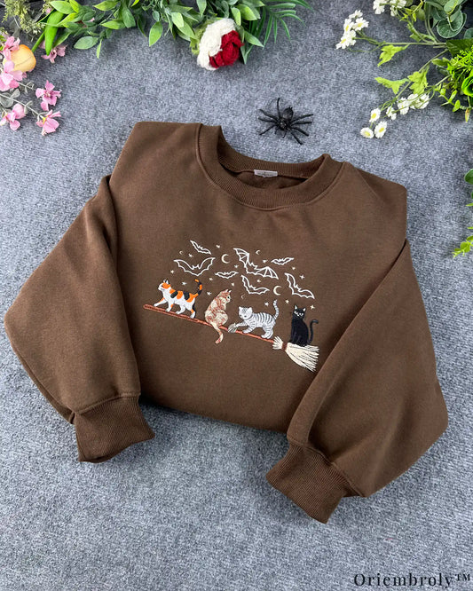 Witchy Broomstick Cats Flying Bats Halloween Embroidered Brown Crewneck Sweatshirt
