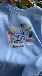 I Smell Snow Gazebo Coffee Antiques Embroidered Light Blue Sweatshirt