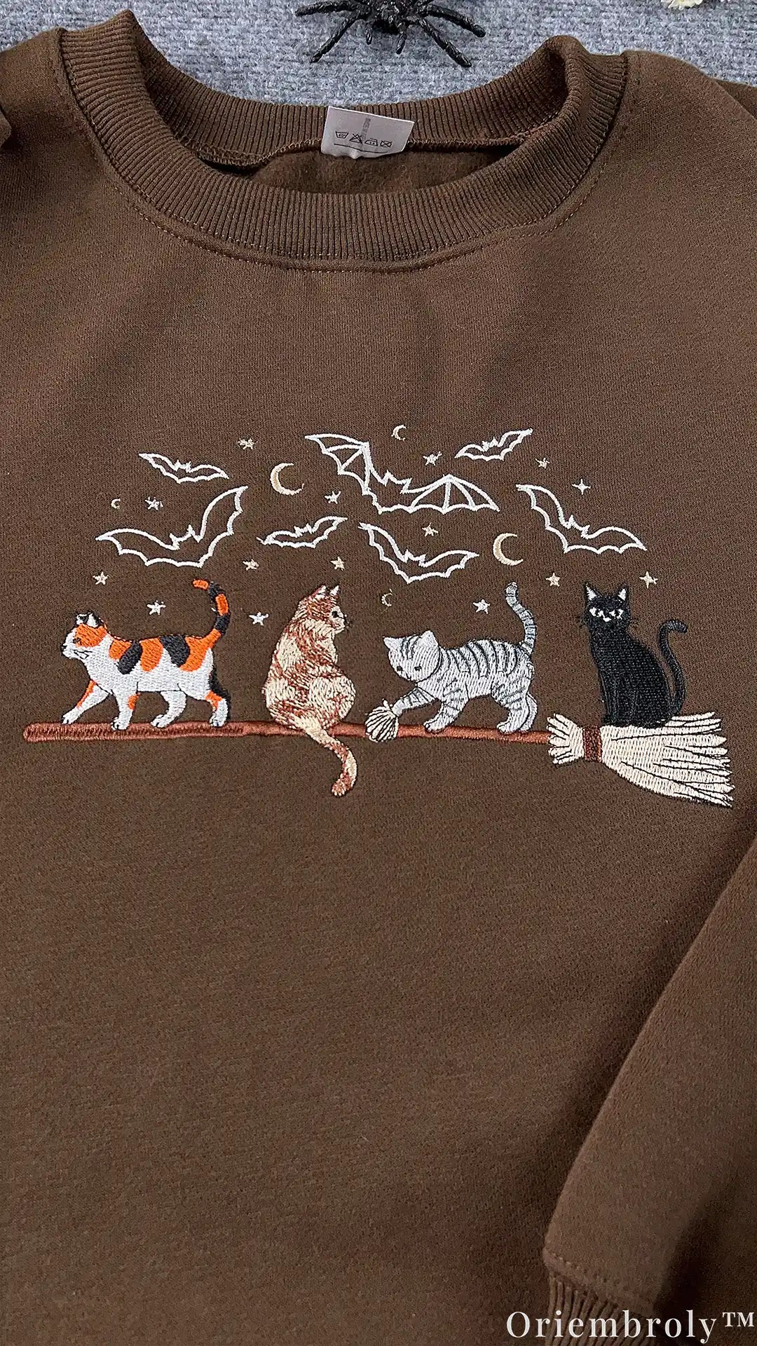 Witchy Broomstick Cats Flying Bats Halloween Embroidered Brown Crewneck Sweatshirt