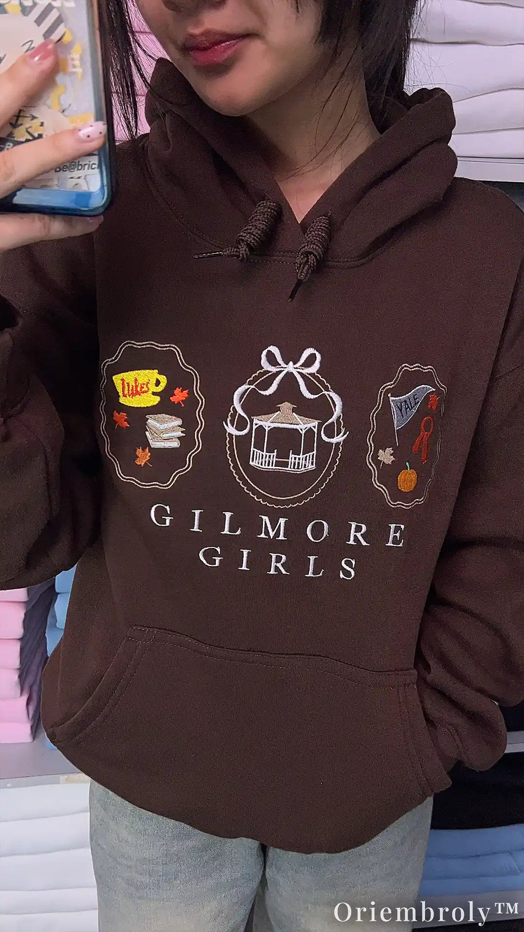Bookworm Autumn Embroidered Hoodie – Cozy Coffee Frame Pullover