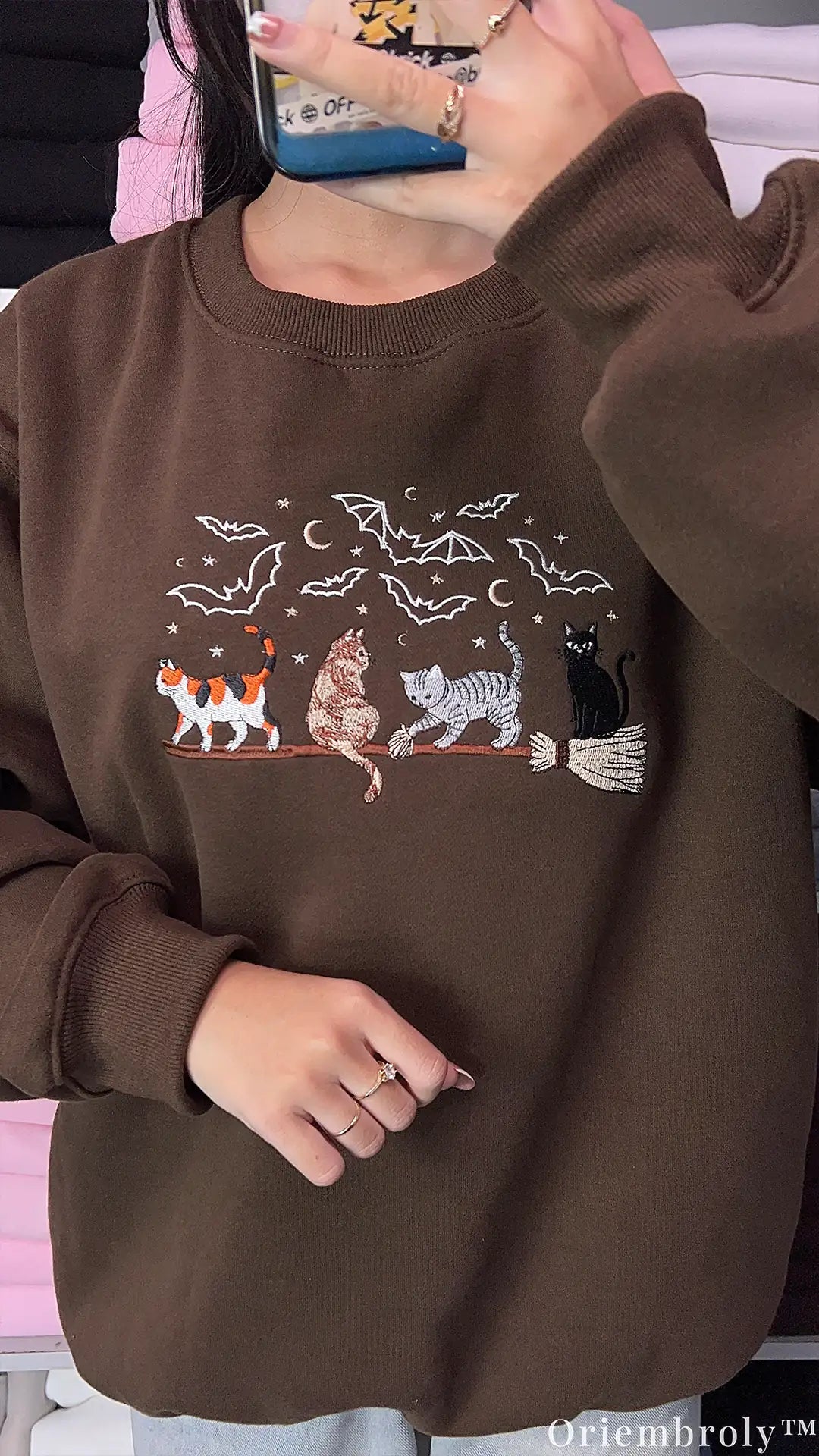 Witchy Broomstick Cats Flying Bats Halloween Embroidered Brown Crewneck Sweatshirt