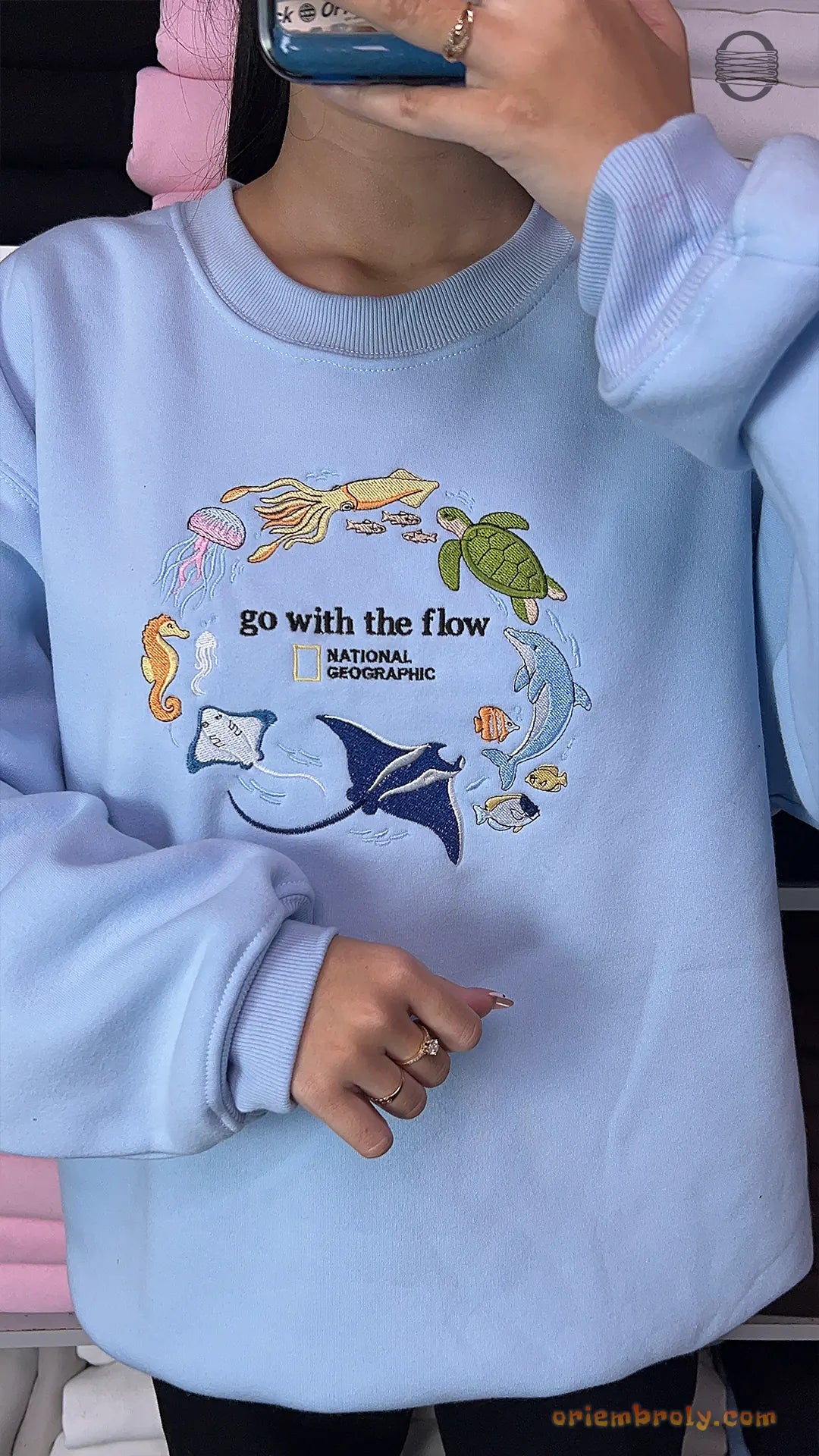 Go With The Flow Marine Life Sea Turtle Dolphin Embroidered Navy Sweatshirt