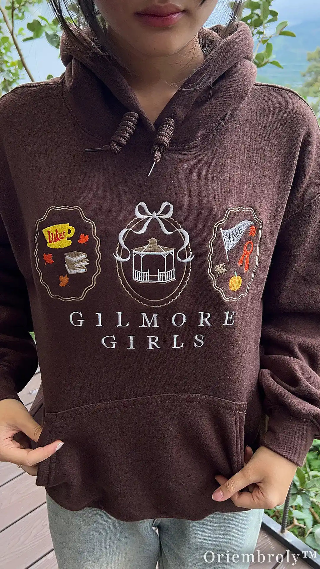 Bookworm Autumn Embroidered Hoodie – Cozy Coffee Frame Pullover