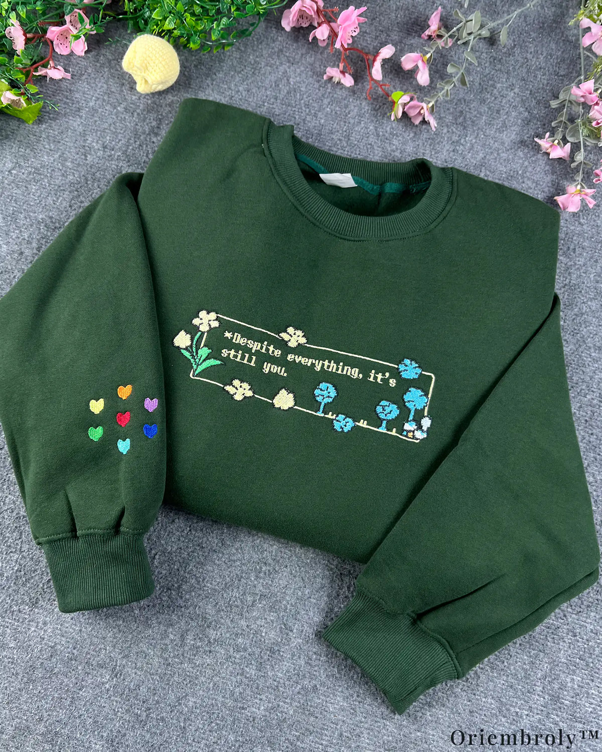 Despite Everything It's Still You Pixel Art Embroidered Forest Green Sweatshirt