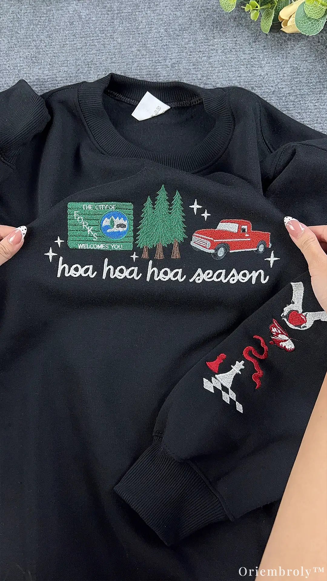 Hoa Hoa Hoa Season Red Truck Chess Apple Sleeve Embroidered Black Sweatshirt