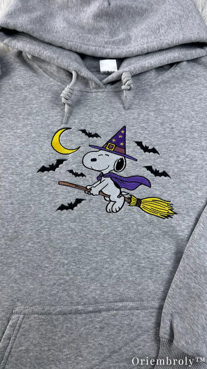 Vintage Halloween Embroidered Hoodie – Witch Puppy Moon & Bats Crewneck