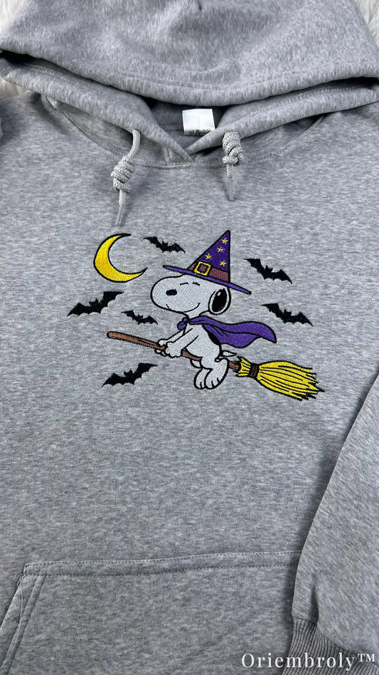 Vintage Halloween Embroidered Hoodie – Witch Puppy Moon & Bats Crewneck