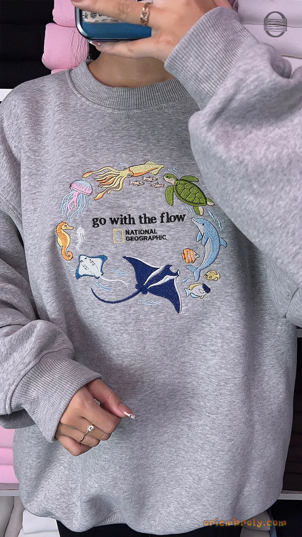 Go With The Flow Marine Life Sea Turtle Dolphin Embroidered Navy Sweatshirt