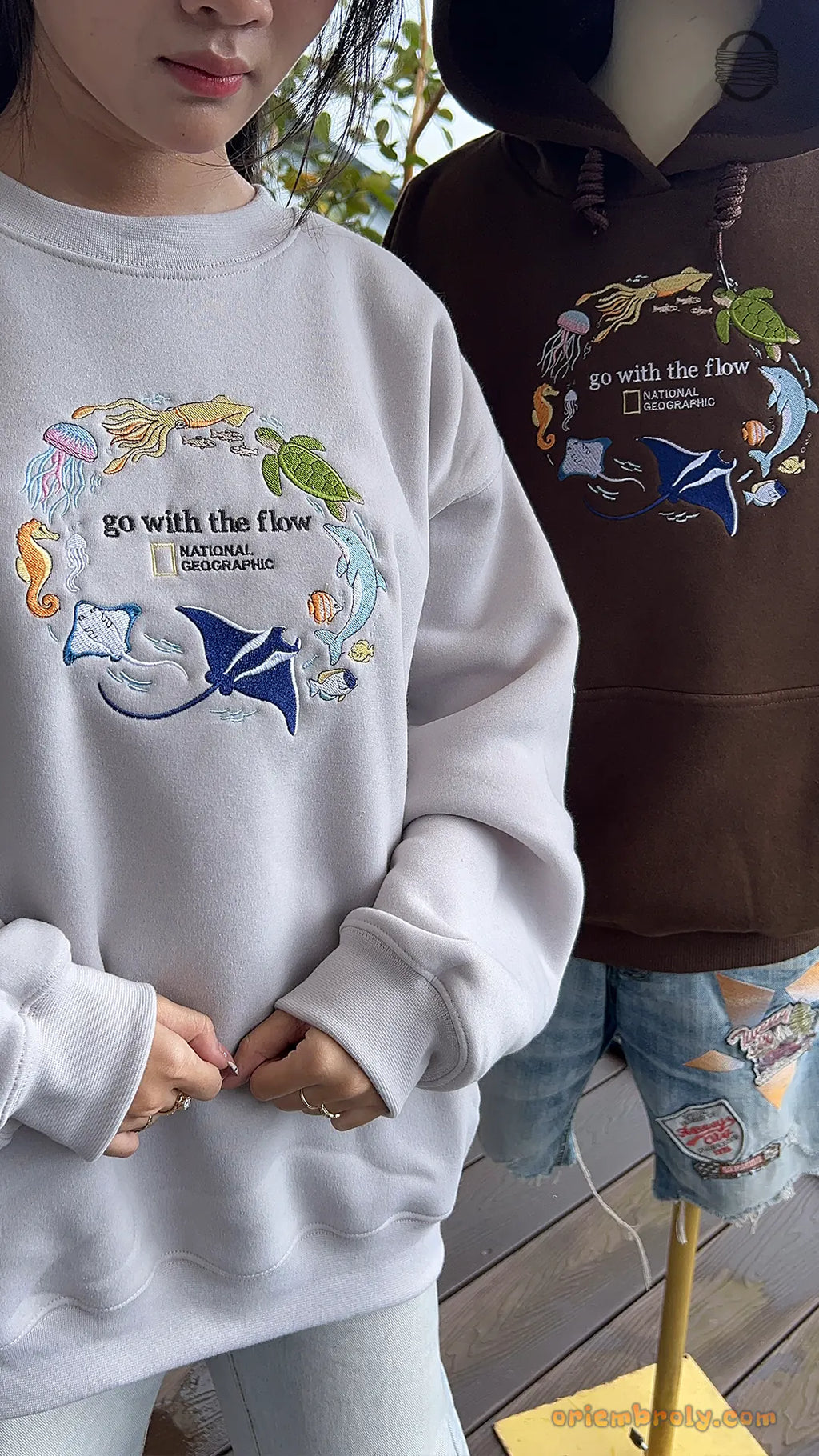 Go With The Flow Marine Life Sea Turtle Dolphin Embroidered Navy Sweatshirt