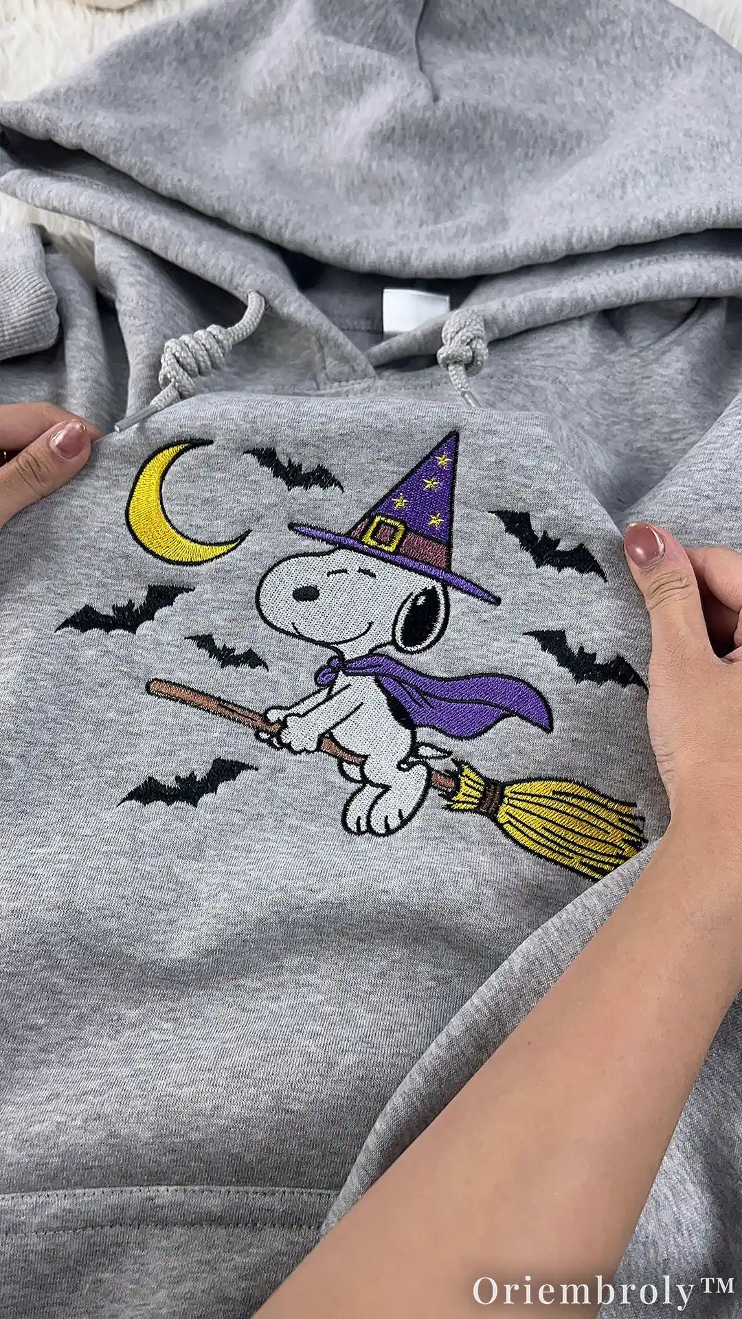 Vintage Halloween Embroidered Hoodie – Witch Puppy Moon & Bats Crewneck