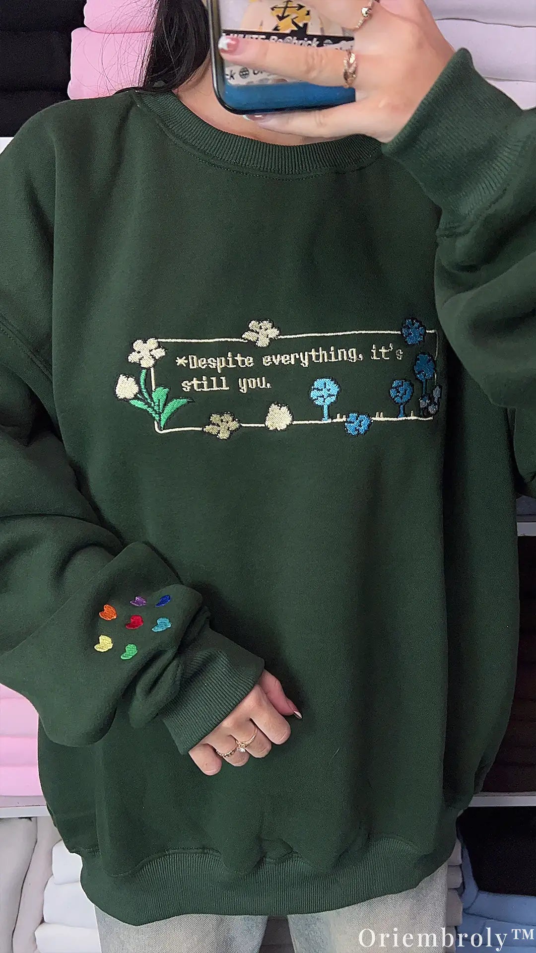 Despite Everything It's Still You Pixel Art Embroidered Forest Green Sweatshirt