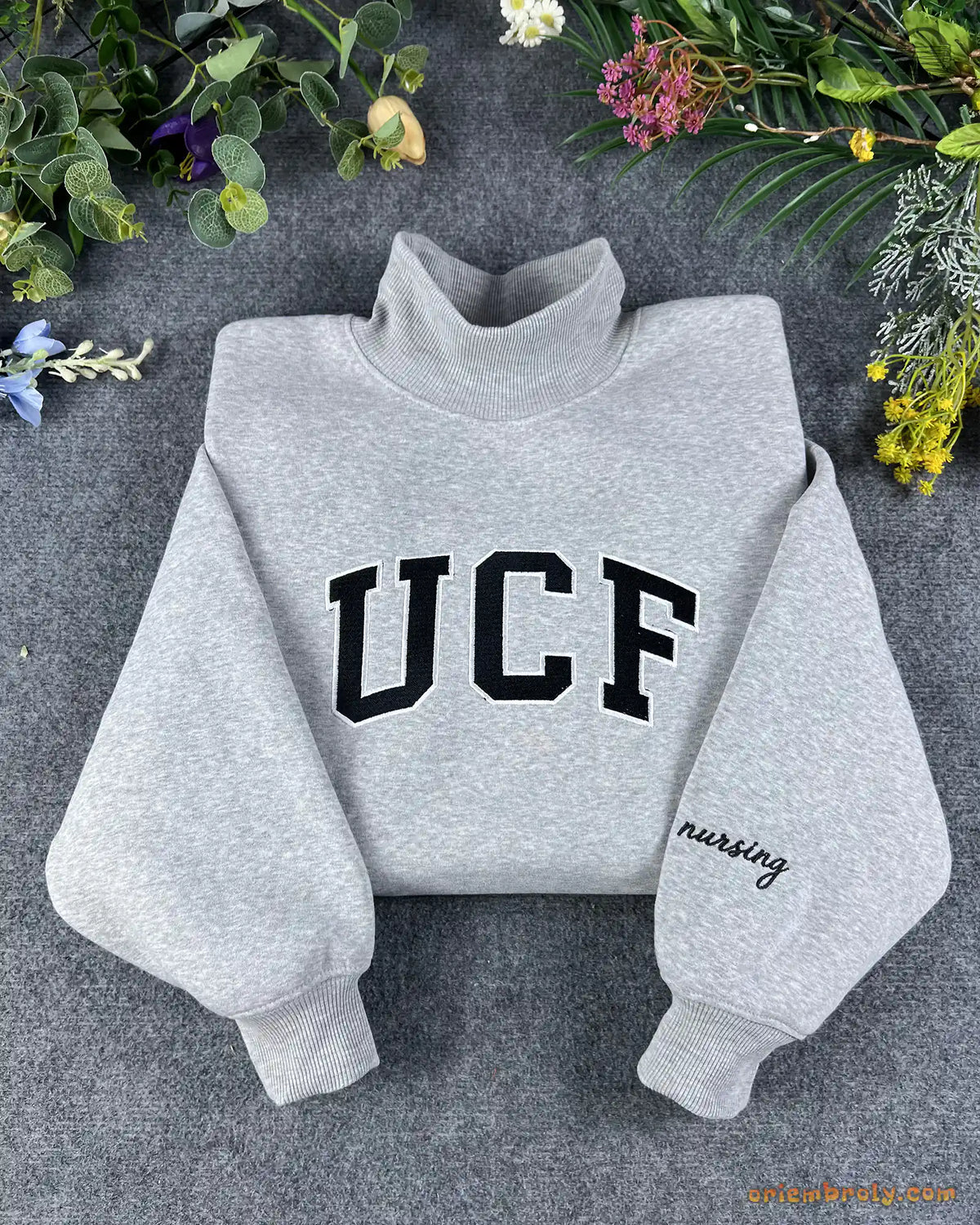 Custom Arched Varsity Collegiate Embroidered Oversized Mock Neck Sweatshirt