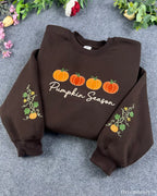 Pumpkin Season Row Pumpkin Vine Sleeve Embroidered Chocolate Brown Sweatshirt