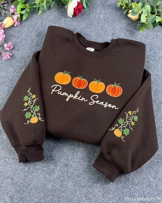 Pumpkin Season Row Pumpkin Vine Sleeve Embroidered Chocolate Brown Sweatshirt