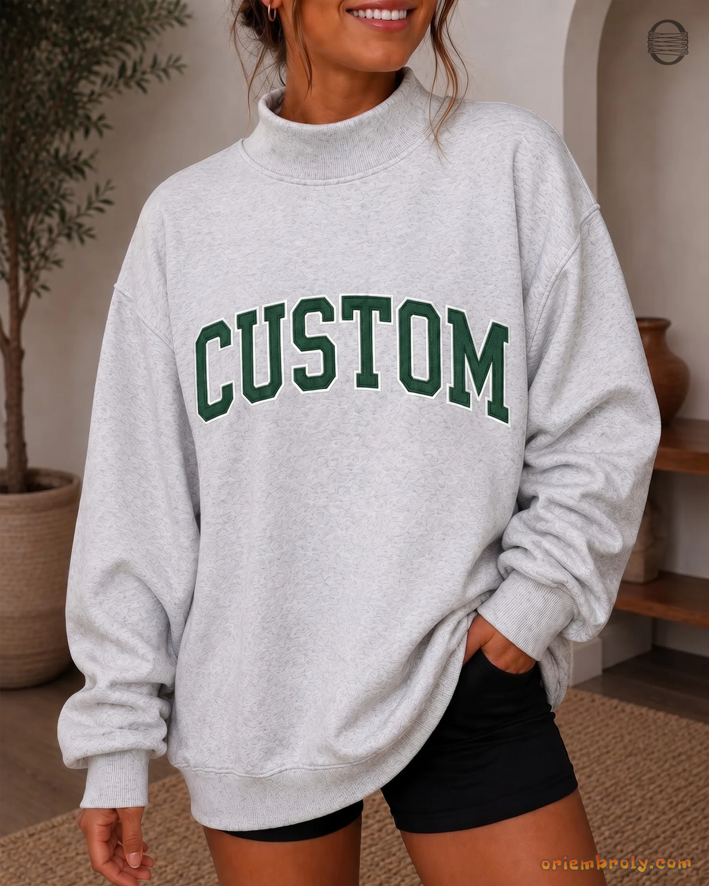 Custom Arched Varsity Collegiate Embroidered Oversized Mock Neck Sweatshirt