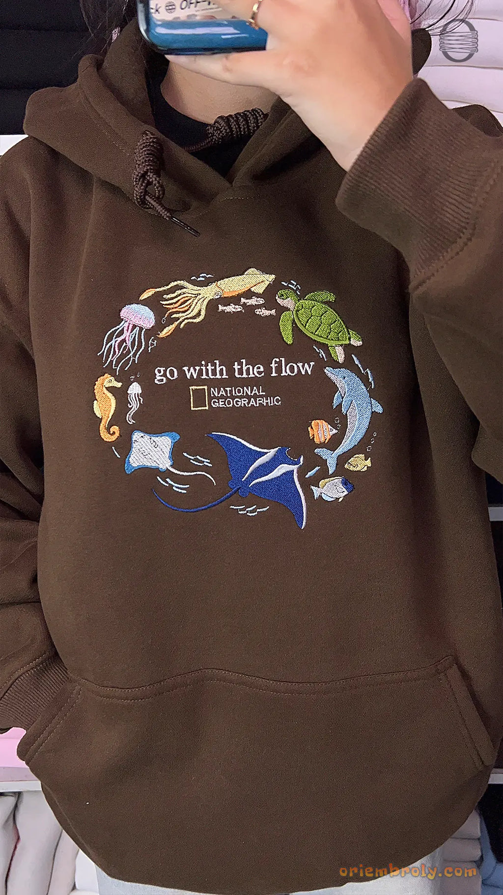 Go With The Flow Marine Life Sea Turtle Dolphin Embroidered Navy Sweatshirt