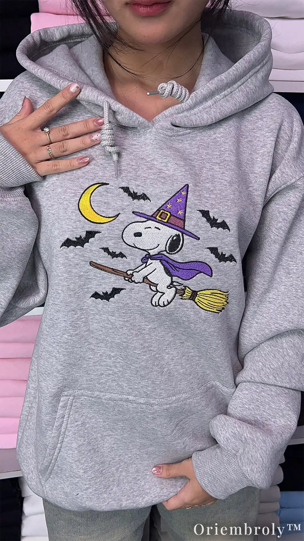 Vintage Halloween Embroidered Hoodie – Witch Puppy Moon & Bats Crewneck
