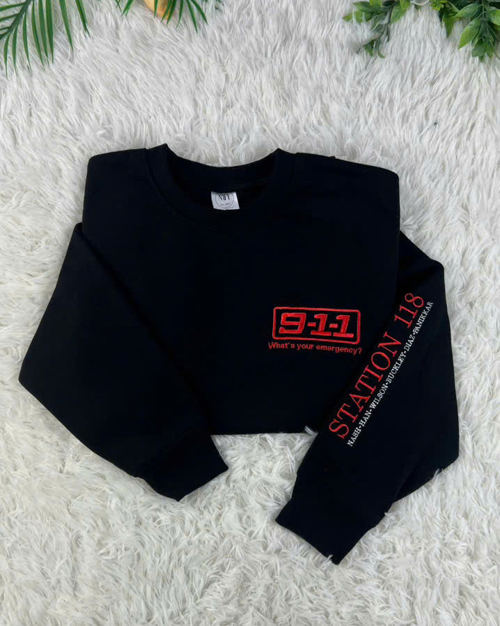 Emergency Response Embroidered Crewneck Sweatshirt, Black First Responder Drama Design