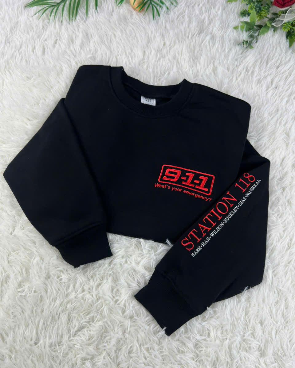 Emergency Response Embroidered Crewneck Sweatshirt, Black First Responder Drama Design
