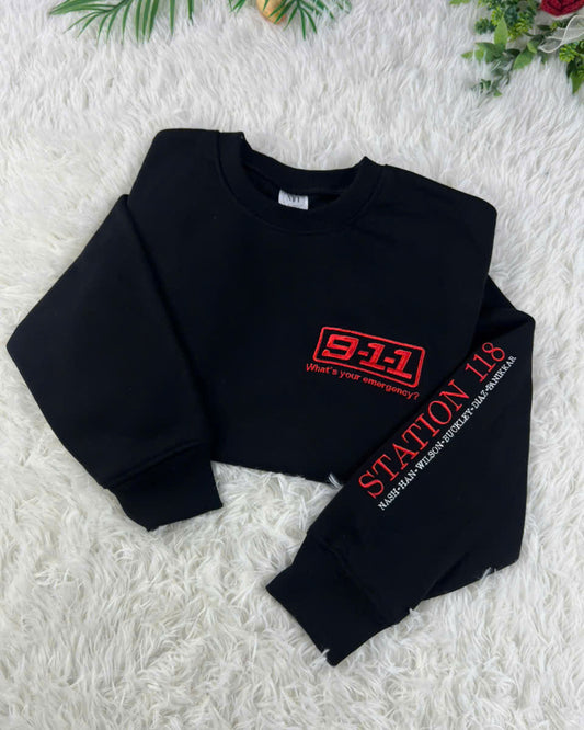 Emergency Response Embroidered Crewneck Sweatshirt, Black First Responder Drama Design