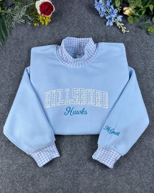 Custom Text Gingham Plaid Trim Embroidered Light Blue Mock Neck Sweatshirt