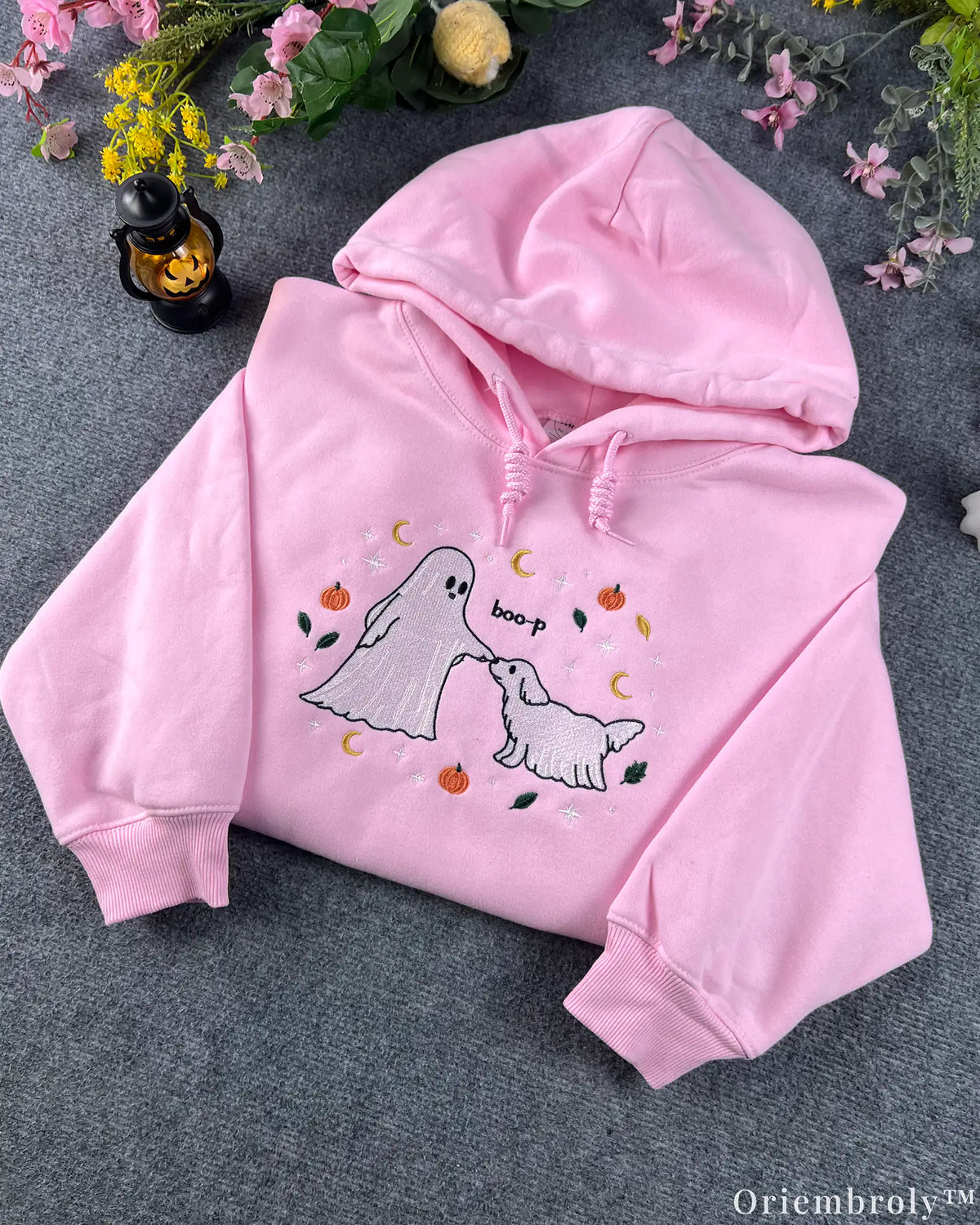 Friendly Ghost Boop Puppy Pumpkin Embroidered Pastel Pink Pullover Hoodie