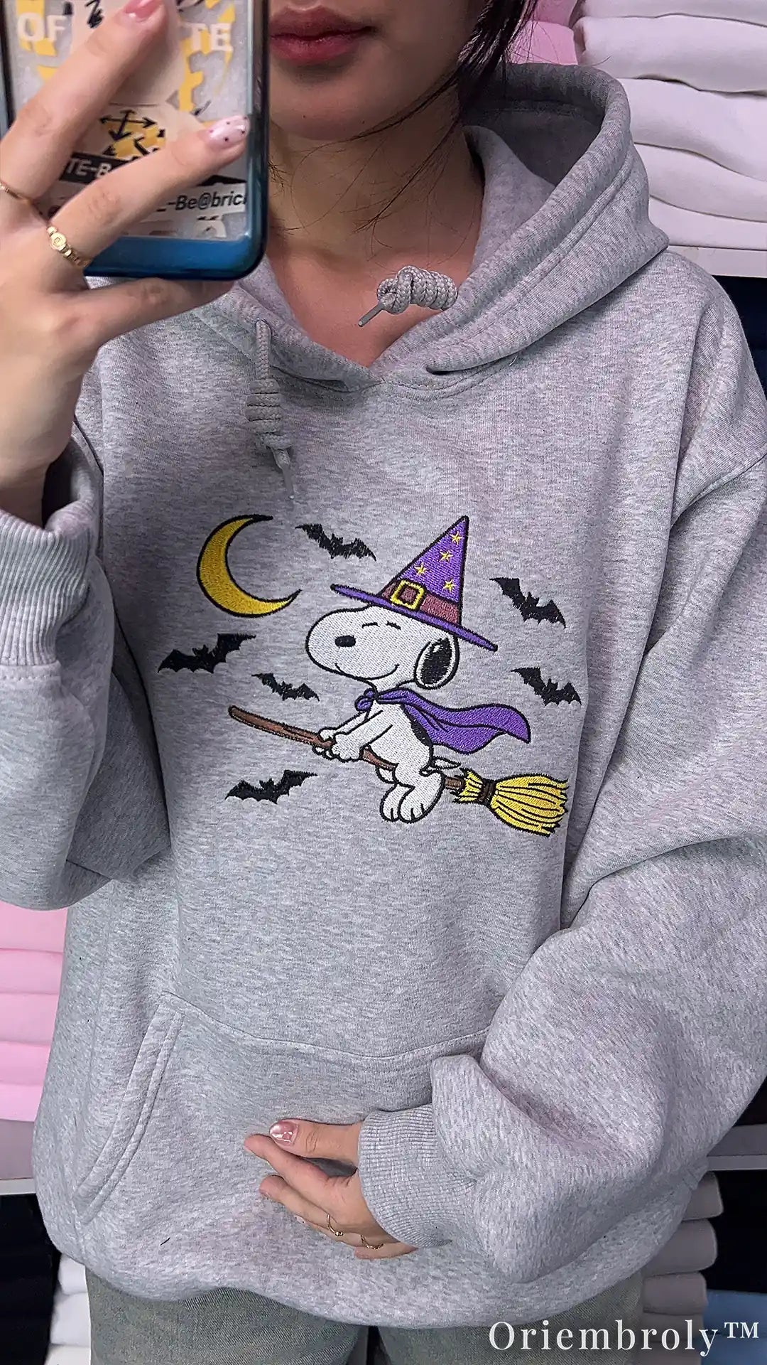 Vintage Halloween Embroidered Hoodie – Witch Puppy Moon & Bats Crewneck