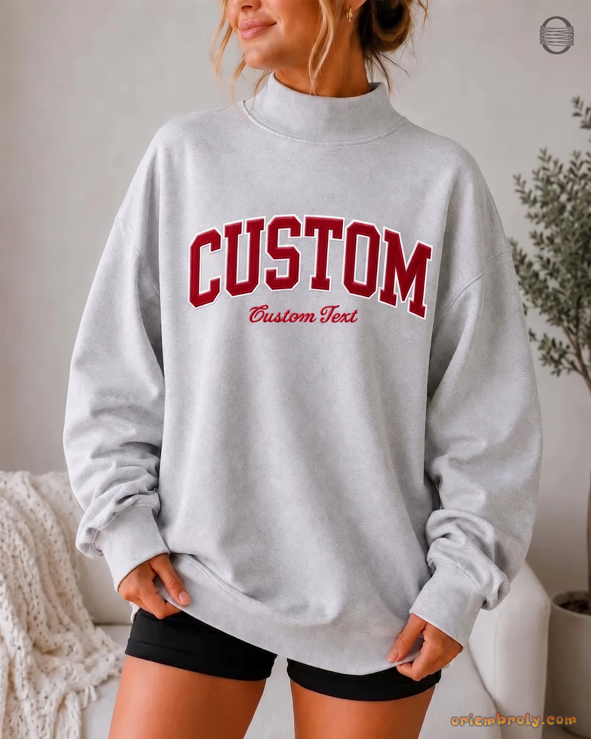 Custom Arched Varsity Collegiate Embroidered Oversized Mock Neck Sweatshirt