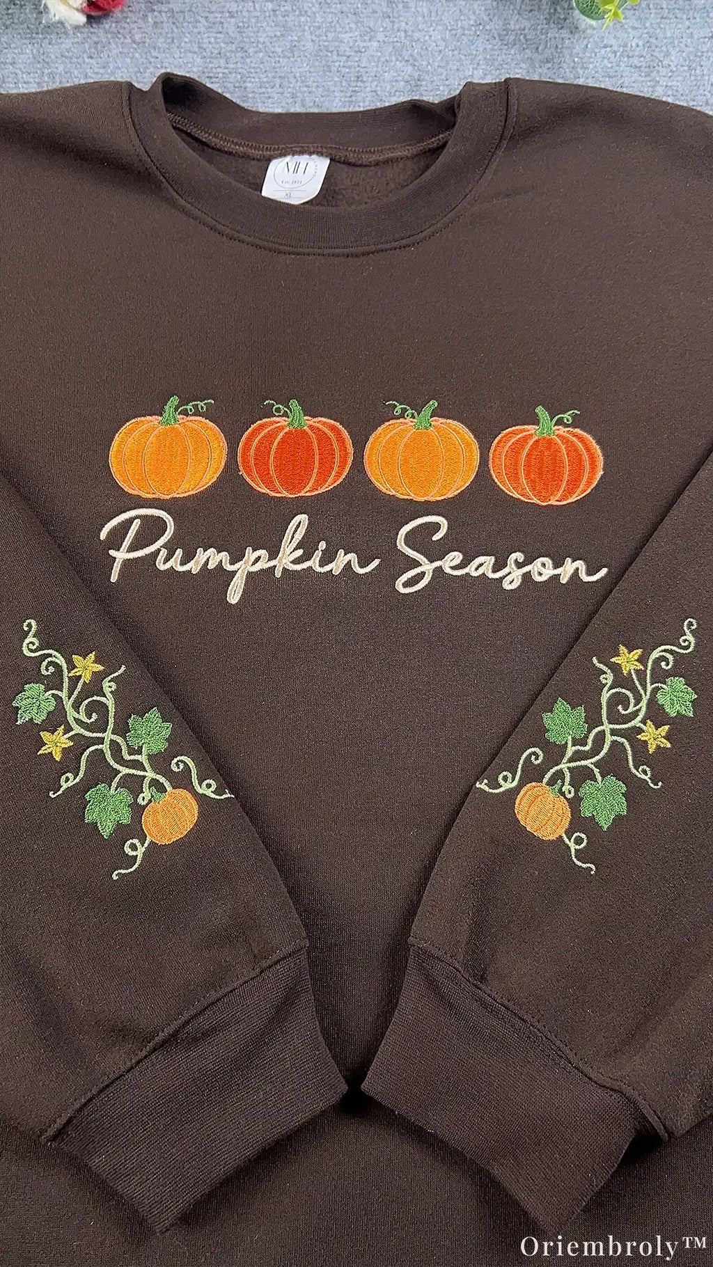 Pumpkin Season Row Pumpkin Vine Sleeve Embroidered Chocolate Brown Sweatshirt